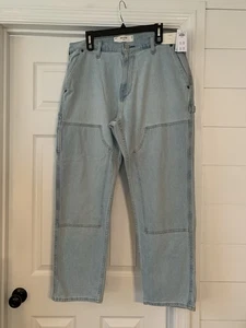 NWT Hollister Mens Light Wash Loose Fit Carpenter Blue Jeans 34x32 Stretch - Picture 1 of 7