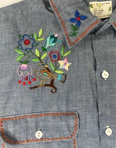 Vintage 70s JC Penney BIG MAC Embroidered Chambray Shirt L Large Men Western - Bild 1 von 13