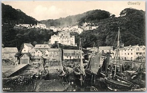 Postcard Clovelly England View of Harbour Quay Masted Fishing Boats Cottage - Bild 1 von 2