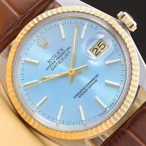 ROLEX DATEJUST 16013 18K GOLD STEEL ICE BLUE DIAL WATCH w/ BROWN LEATHER STRAP - Picture 1 of 8