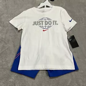 Nike Just Do It Outfit Set Youth 7 White Blue Shirt Shorts Boys Set NEW - Picture 1 of 4