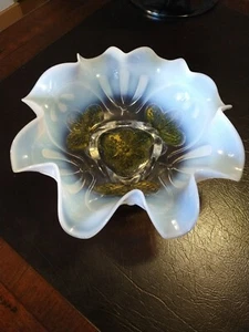 Antique Fenton Pattern Footed Bowl in Blue Opalescent Glass Rare metal inlay - Picture 1 of 9