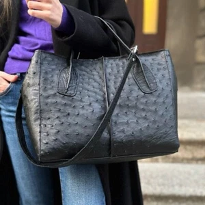 Bolso de hombro negro de lujo exótico de cuero de avestruz genuino para mujer - Imagen 1 de 15