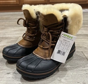 NWT CROCS W5 LEATHER ALLCAST II LUXE SNOW BOOTS IN WHEAT BLACK. STYLE 203431-209 - Picture 1 of 14