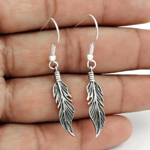 925 Sterling Silver Handcrafted Jewelry Dangle Leaf Earrings S38 - Imagen 1 de 4