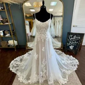 Boho A-Line Wedding Dresses Scoop Neck Spaghetti Strap Lace Applique Bridal Gown - Picture 1 of 9