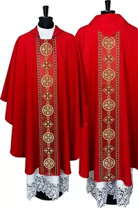 Gothic Chasuble, red vestment, woven orphrey, plain fabric - Picture 1 of 5
