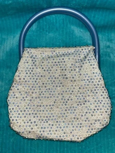 Vintage Lumured Beaded Purse Blue White Bakelite?? Handle - Picture 1 of 2