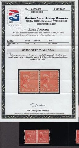 1939 PREXY COIL Sc 846 MNH 6c LP small holes variety PSE certificate VF-XF 85 Cover