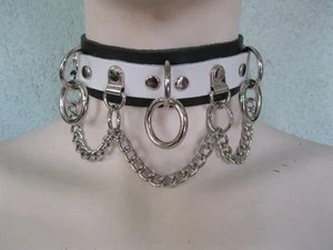 Black and White Leather Bondage Collar Choker w/ 3 Rings + Chain From Ape - Picture 1 of 1