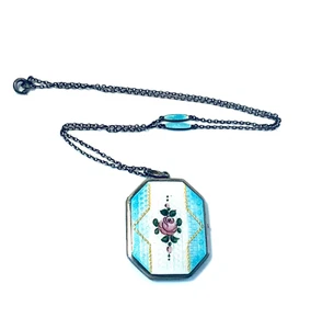 BEAUTIFUL Antique SILVER ENAMEL GUILLOCHE Locket w ENAMEL GUILLOCHE Chain - Picture 1 of 4