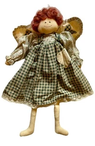 Tender Heart Treasures Cloth Rag Folk Art Angel Doll Red Hair Green Plaid Dress - Picture 1 of 6