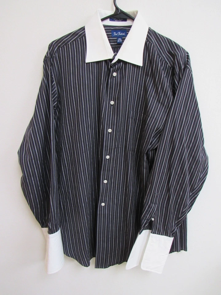 Paul Fredrick Imeprial 100's Cotton Dobby French Cuff Black/White Shirt16.5-35 - Image 1 of 4