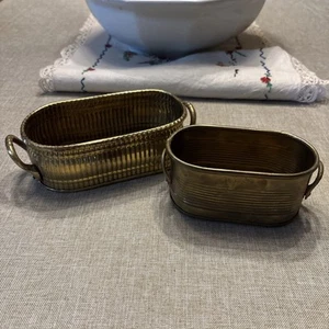 Two Vintage Solid Brass Vase Tub Planter Ribbed 6" 5” Metal Organizer Handled - Picture 1 of 6