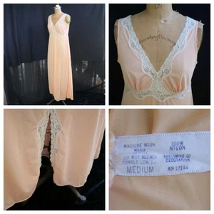 Camicia da notte vintage anni 70 pesca retrò trasparente lunga impero Cottagecore pizzo spacco M usata in ottime condizioni - Foto 1 di 9