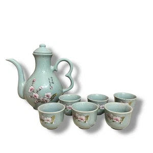 Vintage Japanese Green Tea Set Cups Pitcher Teapot Floral Japan Cherry Blossom - Foto 1 di 8