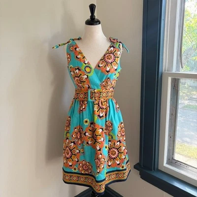 Nuevo con etiquetas Vestido Trina Turk Seda Retro Colorido Para Mujer 8 Turquesa Años 60 Cinturón Foto 1 de 4