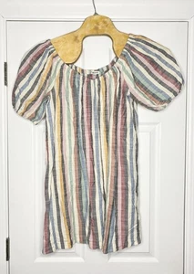 Madewell Women’s Puff-Sleeve Trapeze Mini Dress in Rainbow Stripe Large - Picture 1 of 5