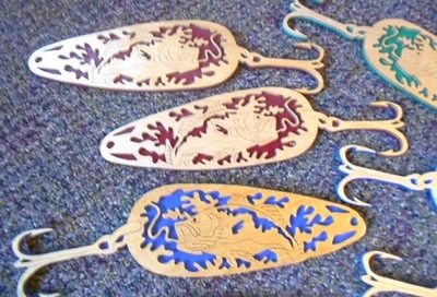 LOT 7 Scroll Saw Cut Hand Crafted Fishing Lure Cabin Wall Decor 10" 3 Color USA - Image 1 of 4