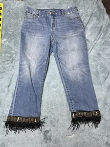Jeans alla caviglia Chicos So Slimming Girlfriend 10R frange perline hipster blu bohemien - Foto 1 di 14