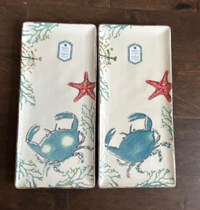 Papart Set Of 2 Ceramic Serving Platters Starfish Crab New 13.5”x6” - Picture 1 of 3
