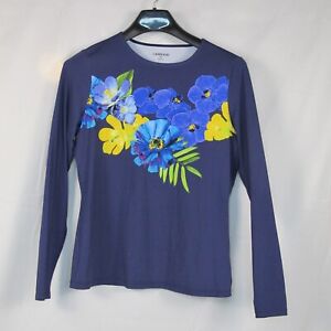 Lands End Damen-T-Shirt Stretchstrick LS blau Blumenmuster Medium (8-10)