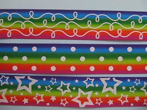 Rainbow Bright Stars Polka Dot Swirls Grosgrain 7/8" 22mm **DIFFERENT STYLES** - Picture 1 of 4
