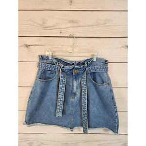 Boohoo Womens Blue High Rise Cotton Denim Tie Belted Raw Hem Mini Skirt Size 16 - Picture 1 of 6