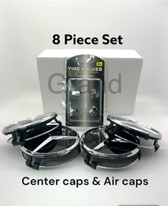 8 Piece Fits Mercedes-Benz Rims Wheel Center Caps & Tire Stem Air Cap Black 75mm - Picture 1 of 9