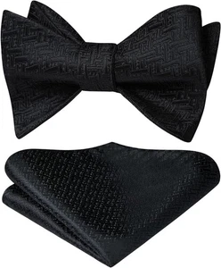 HISDERN Bow Ties for Men Solid Color Self Tie Pocket Square C4-black - Picture 1 of 5