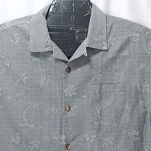 Camisa Tommy Bahama Seda Med Hawaiano Pez Vela Palma Coco Botones Gris Repujado - Imagen 1 de 12