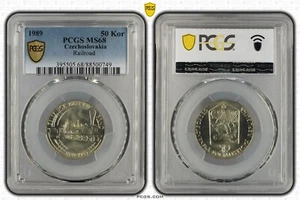 CZECHOSLOVAKIA 50 Korun 1989 Silver PCGS MS68 Breclav-Brno Railroad Locomotive - Imagen 1 de 5