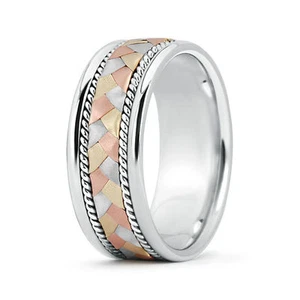 14K Tri Color Gold Hand Braided Wedding Band 8.5mm - Picture 1 of 4