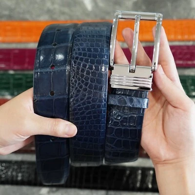 Blue Real Crocodile Belly Leather Skin Men's Belt No Jointed Pin Buckle 1.5''W - Image 1 of 4