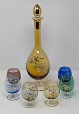 Hand Blown  1920's-1930's Italian Decanter With 6 Glasses Gold Trim Cordial Set 