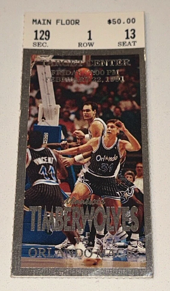 Orlando Magic Timberwolves NBA Ticket Stub Floor Row 1 Hoops Game 2/22/1991 - Image 1 of 2