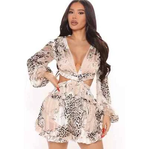 Fashion Nova Tan Multi Animal Print Fierce In Ruffles Tie Back Romper Large NEW - Picture 1 of 15