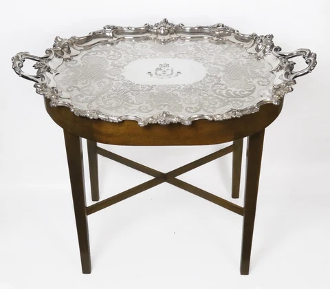 Antique c1820 English Regency Silver Tray w/ Custom Wooden Table Cover