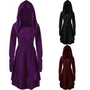 Gothic Punk Hooded Dress Ladies Steampunk Womens Halloween Party Witch Fancy - Picture 1 of 17