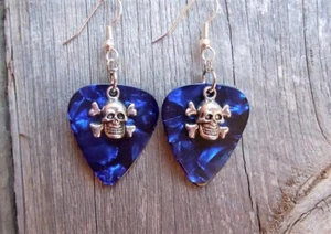 Small Skull and Crossbones Charm Guitar Pick Earrings - Pick Your Color - Picture 1 of 14