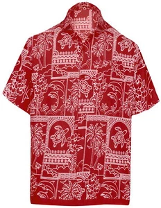 LA LEELA Mens Hawaiian Short Sleeve Button Down Shirts M Island Collage, Red - Picture 1 of 3