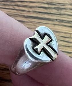 Retired James Avery 14K Yellow Gold Cross & Sterling Silver 925 Heart Ring Sz 8 - Picture 1 of 10