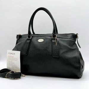 Coach 2Way Tote Handbag Black Pebbled Leather Shoulder Crossbody Medium Auth - Picture 1 of 10