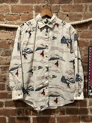 Camisa feminina pequena vintage Eddie Bauer estampada veludo esquiador AOP botão para baixo - Imagem 1 de 4