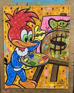 WILL STREET original painting 11x14/ Woody art woodpecker banksy brainwash pop - Picture 1 of 5