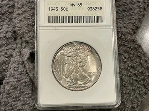 1943-P Walking Liberty Half ANACS MS65 Vintage Seifenkistenhalter schöner Glanz - Bild 1 von 4