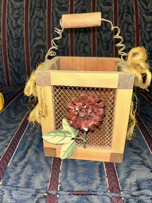 Decorative Wooden Box. Great For Fall. Burgundy Metal Flower Needs New Rope - Image 1 of 4