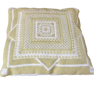 Vintage 1970’s Geometric Needlepoint Lime Green Cream Pillow 12” Square - Picture 1 of 9