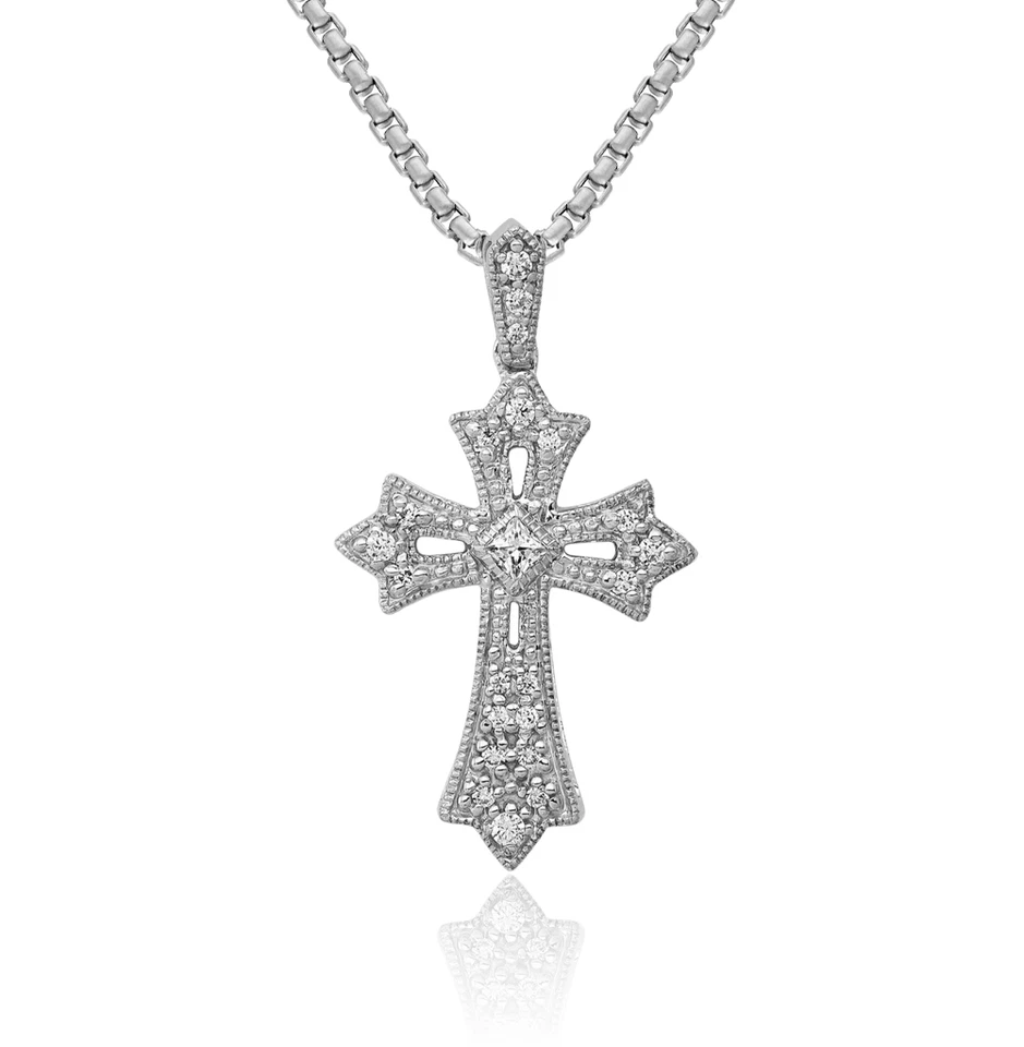 10K Solid White Gold Diamond Fleur De Lis Cross Necklace - Image 1 of 1