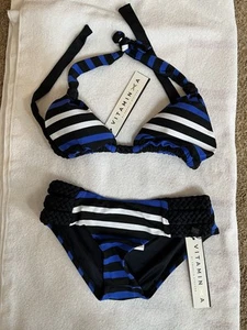 Vitamin A Blue/Black Striped Bikini NWT. Size XS/Women’s Size 4 - Picture 1 of 12